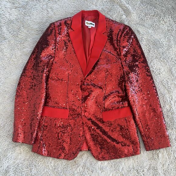 Tipsy Elves Men’s Sequin All Over Blazer Ruby Red Size 42 Tailored Fit Costume - Picture 2 of 9